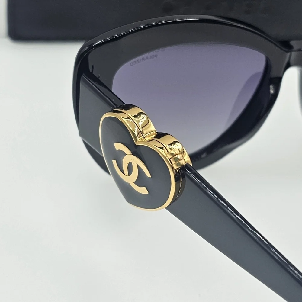 CHANEL Black and Gold Heart Sunglasses | ON HAND AND READY TO SHIP.